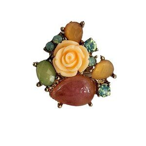 Gold Tone Floral Cocktail Ring with Accents Size 5